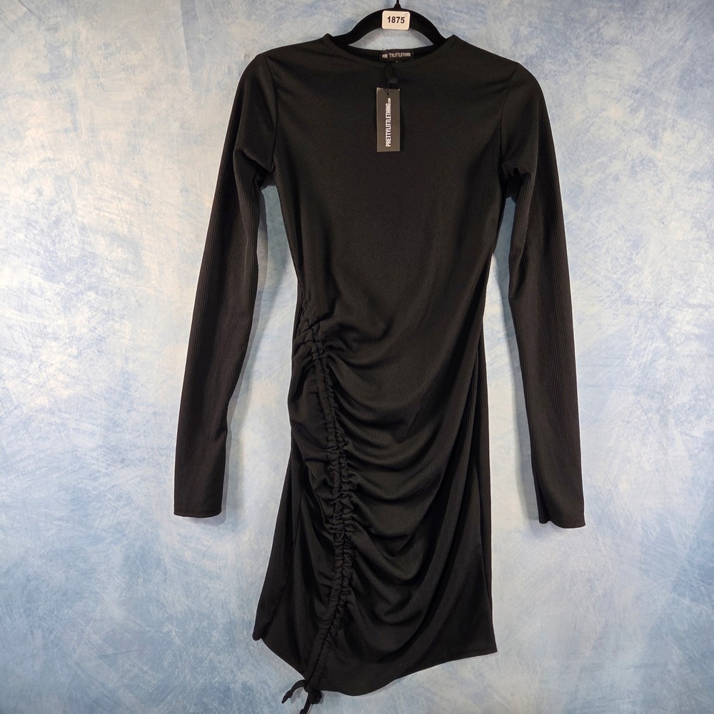 PrettyLittleThing Black Ribbed‎ Long Sleeve Ruched Side Drawstring Bodycon Dress